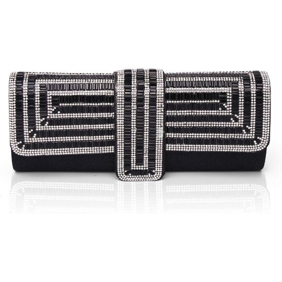 Womens Black Crystal Sparkly Evening Clutch Purse with Rhinestones Wedding - Picture 1 of 6
